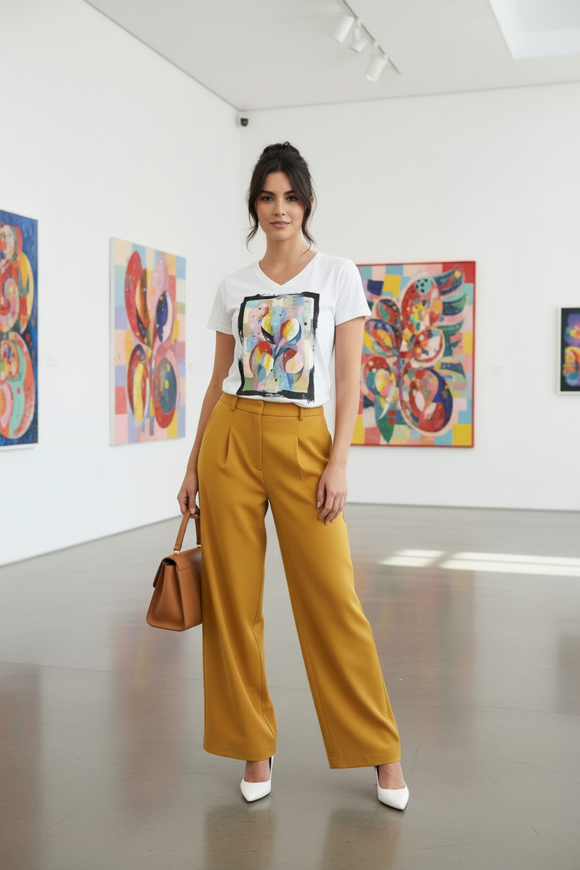 Éclat de Vie – Galerie art blanc pantalon moutarde sac camel