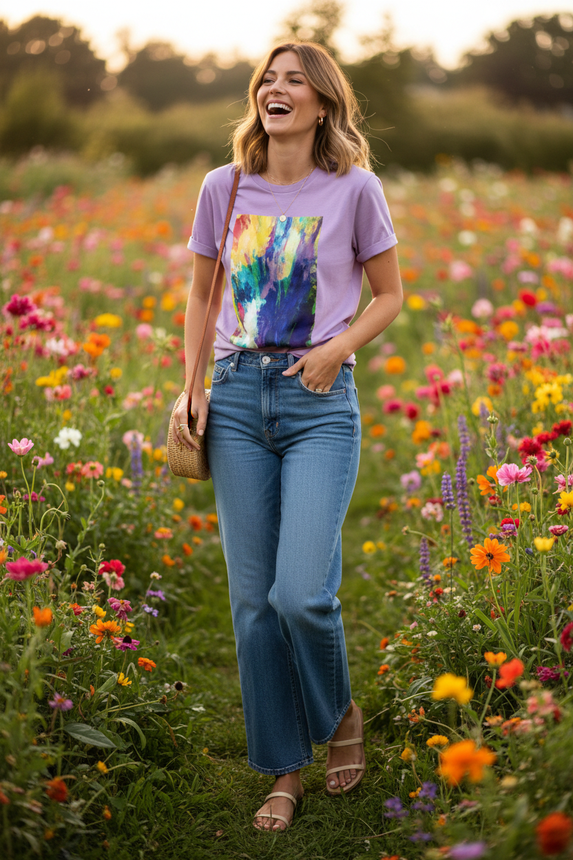 Éclat Sauvage – T-shirt Lavender – Jardin fleuri Pose 2