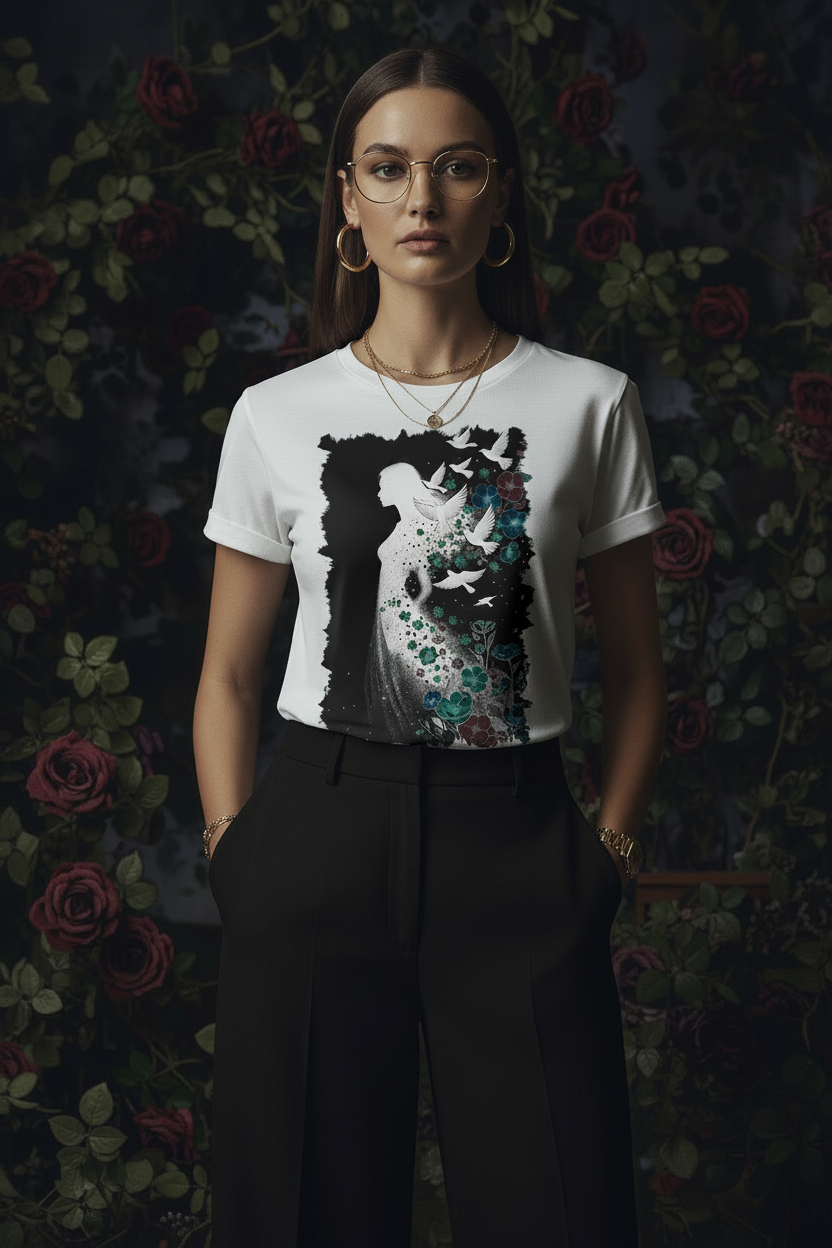 L'ÂME EN VOL – T-Shirt Envol Nocturne – Jardin nocturne roses