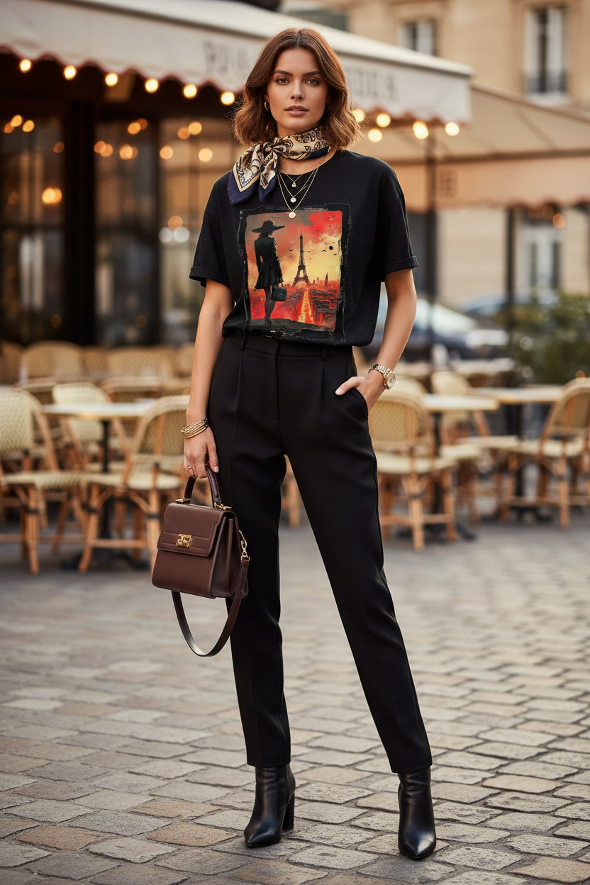 Crépuscule Parisien – T-shirt noir – Terrasse café parisien