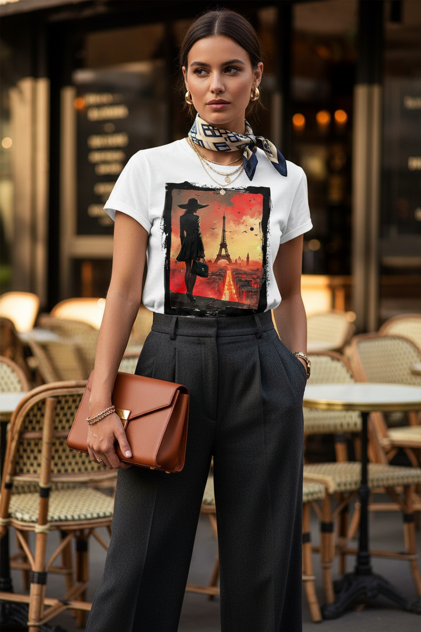 Crépuscule Parisien – T-shirt blanc – Terrasse café parisien