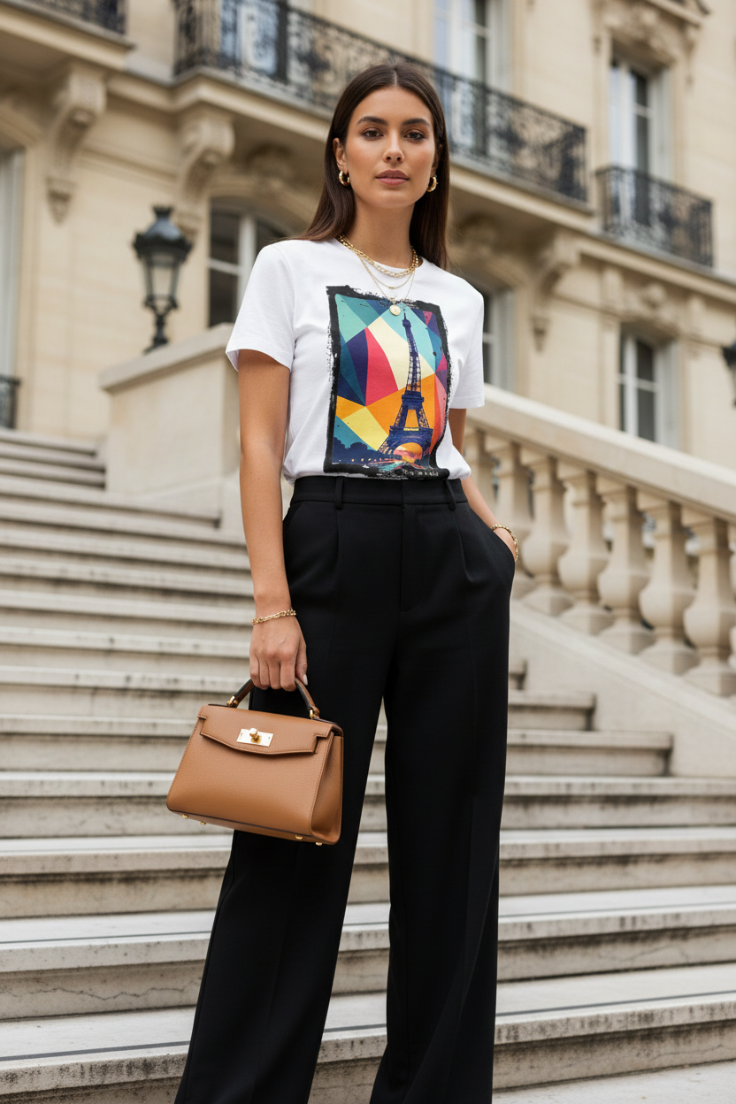 Paris en Couleur – T-shirt blanc – Escalier blanc