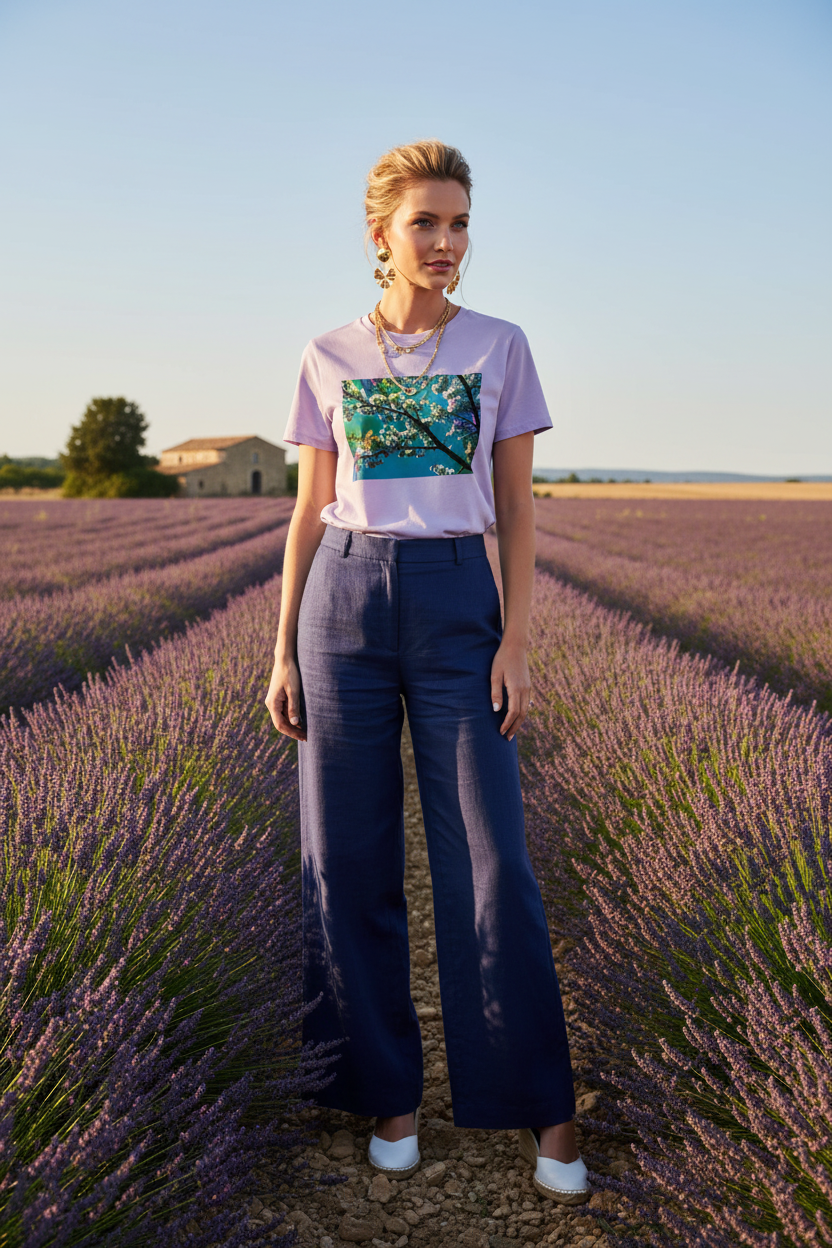 Cerisiers en Lumière – T-shirt lavande, champ de lavande Provence, mas provençal