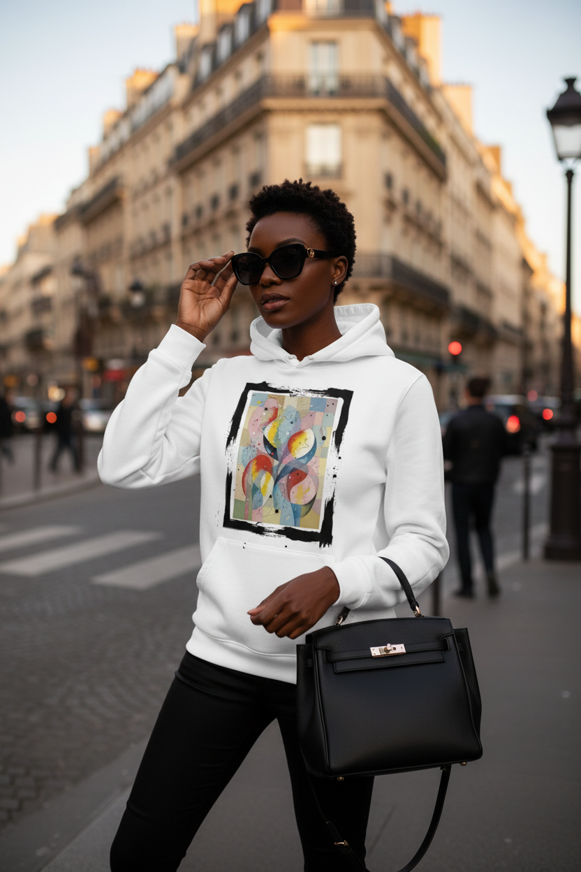 Éclat de Vie Hoodie blanc – rue parisienne heure dorée femme élégante