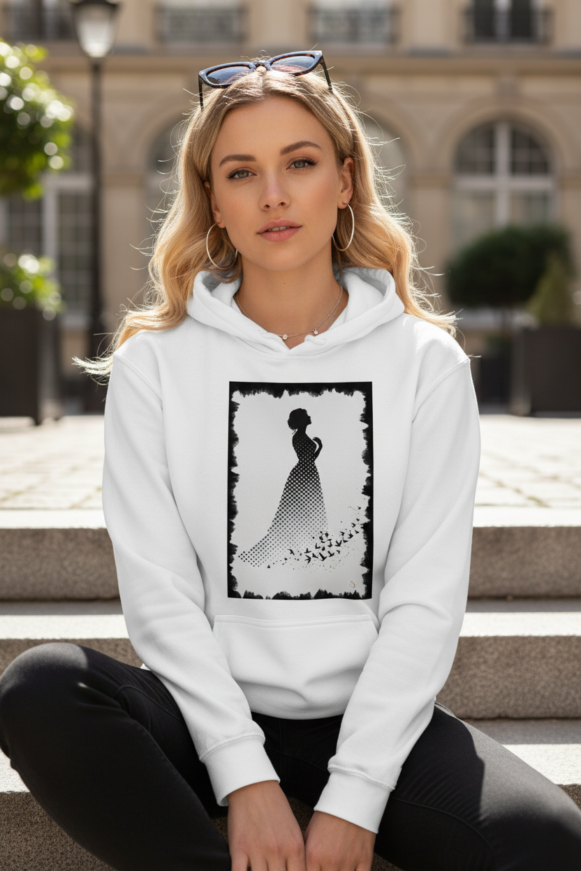 Hoodie Blanc Silhouette Céleste - femme européenne cour parisienne
