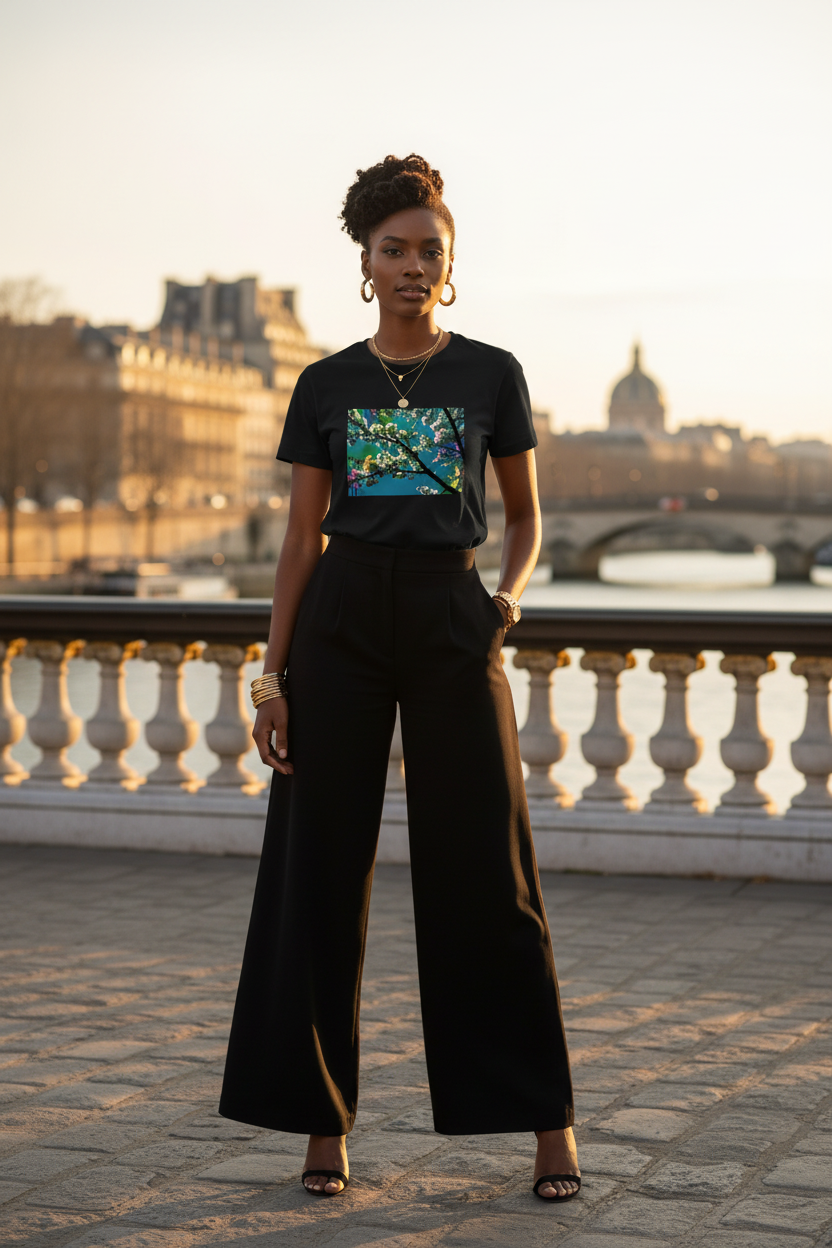 Cerisiers en Lumière – T-shirt noir, femme africaine, pont parisien