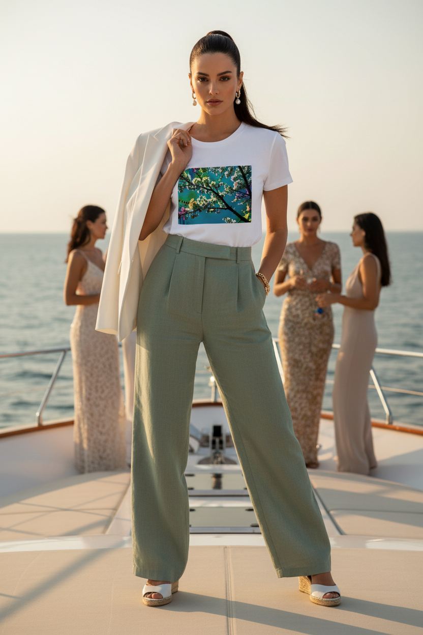 Cerisiers en Lumière – T-shirt blanc, proue yacht, veste blanche