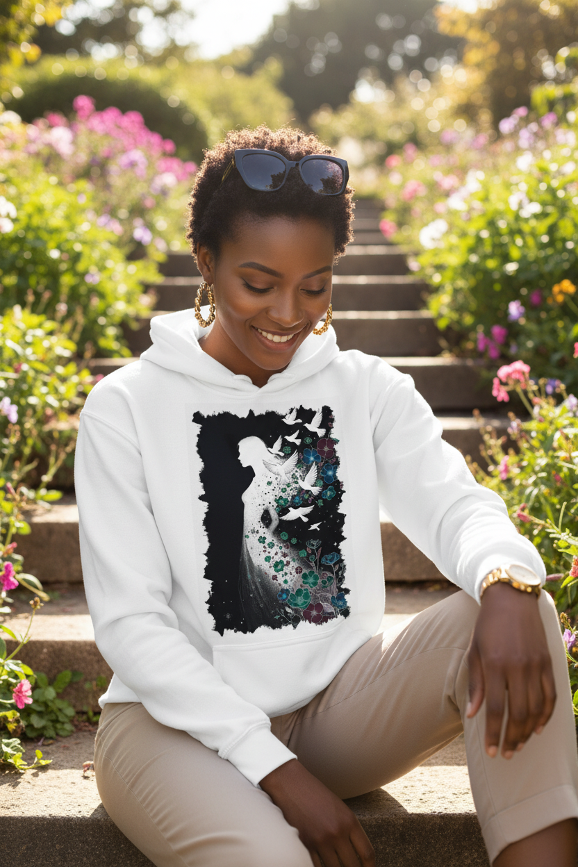 Hoodie Blanc Envol Nocturne - assise sur des marches jardin fleuri