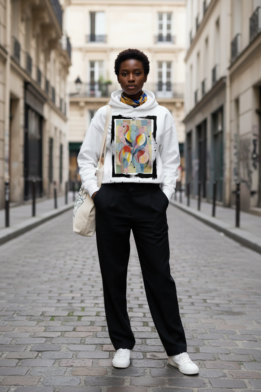 Éclat de Vie Hoodie blanc – ruelle parisienne foulard soie tote bag