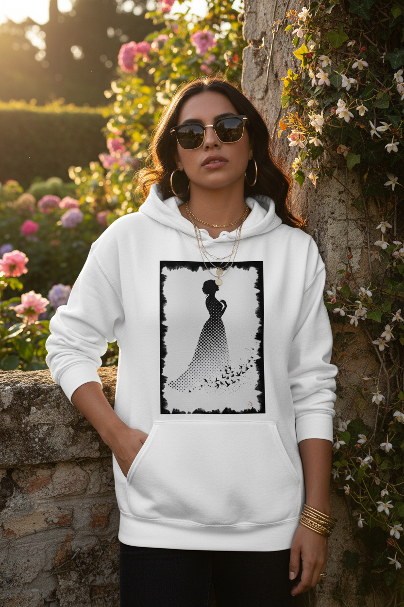Hoodie Blanc Silhouette Céleste - femme latina lunettes jardin