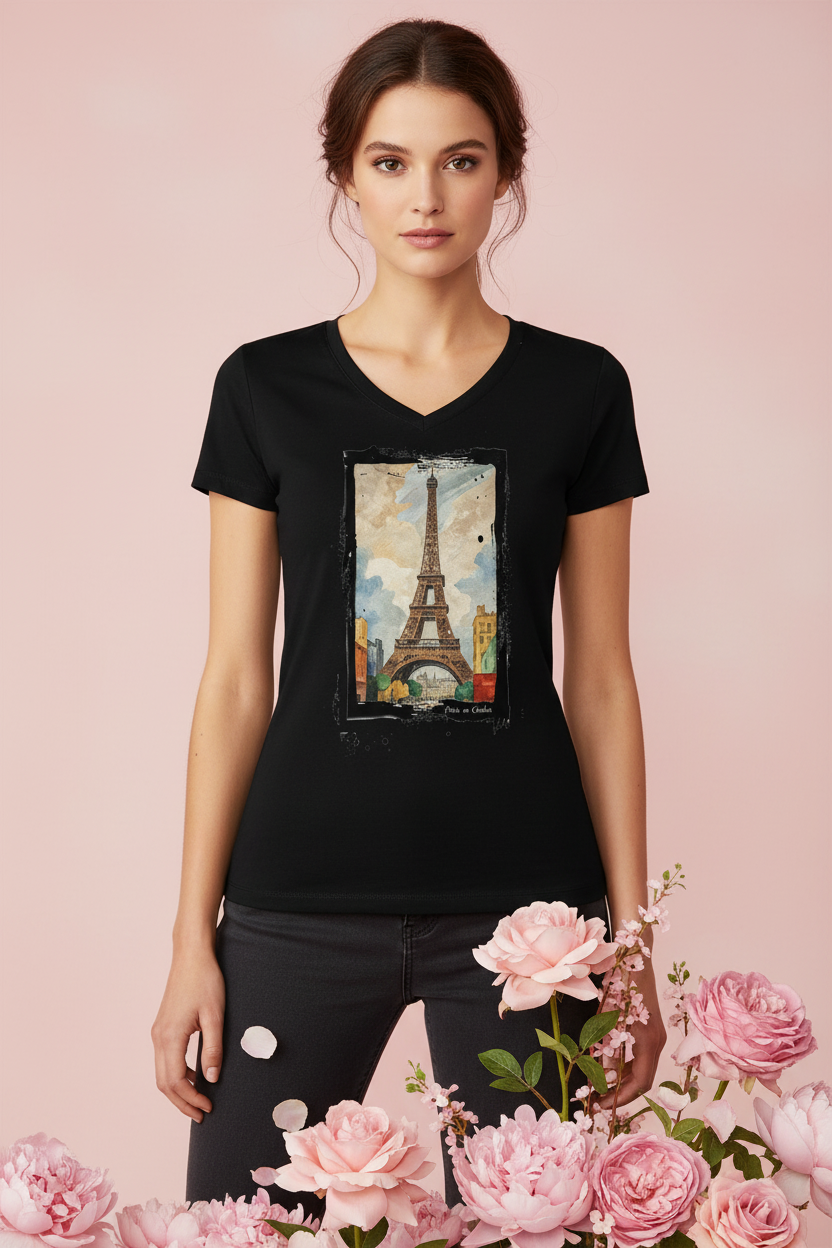 Paris en Couleur Col V Noir – Fond rose