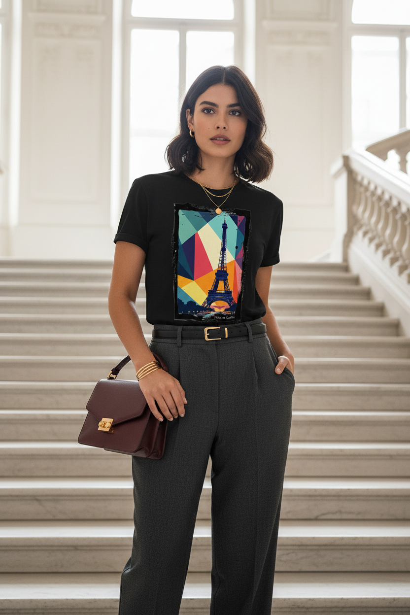 Paris en Couleur – T-shirt noir – Escalier blanc
