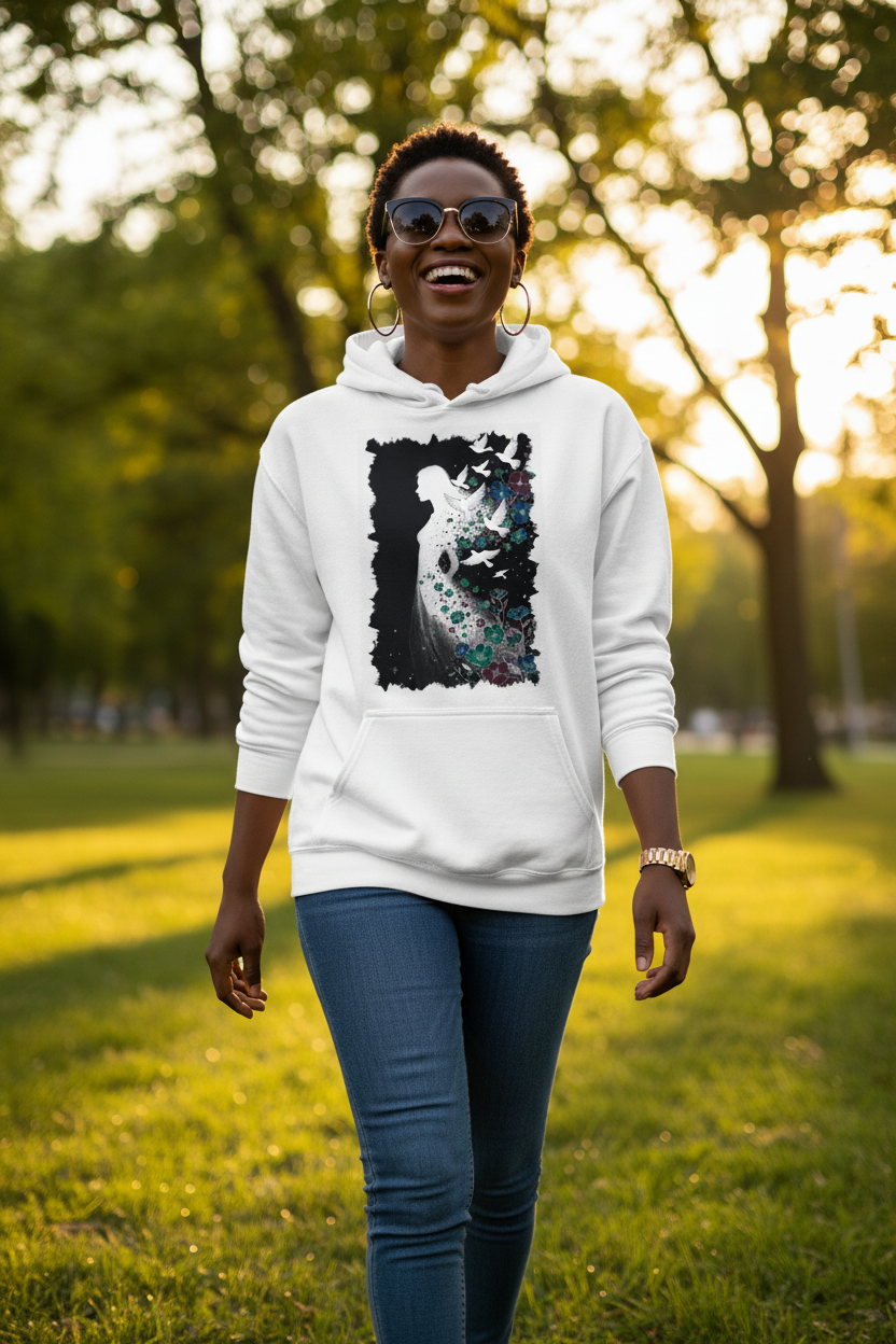 Hoodie Blanc Envol Nocturne - marche dynamique lumière dorée