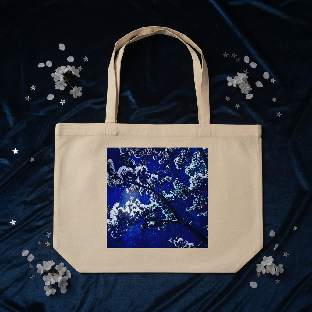 JARDINS IMAGINAIRES Tote Bag Cerisiers Nocturnes – Flat lay velours marine