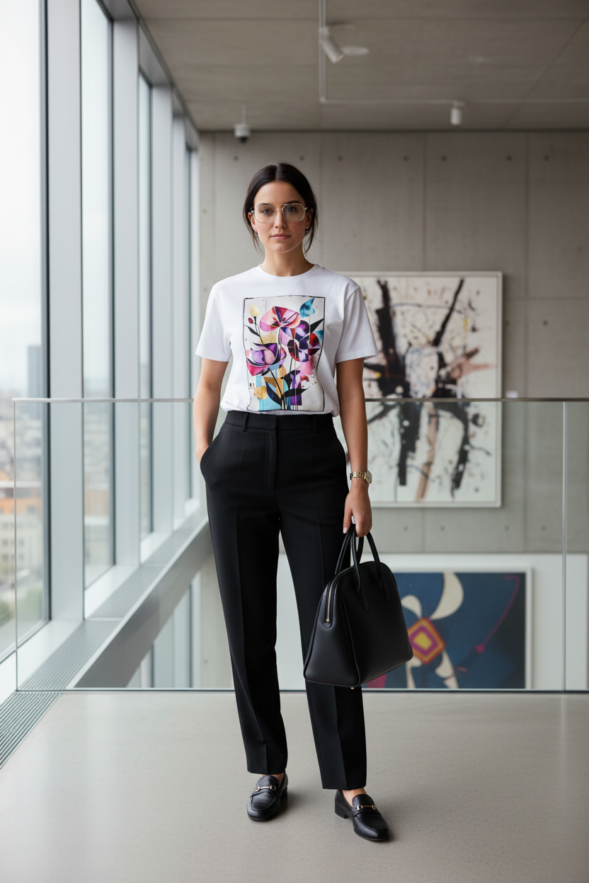 Bloom Abstrait T-Shirt Blanc lifestyle pantalon noir tailleur loafers galerie
