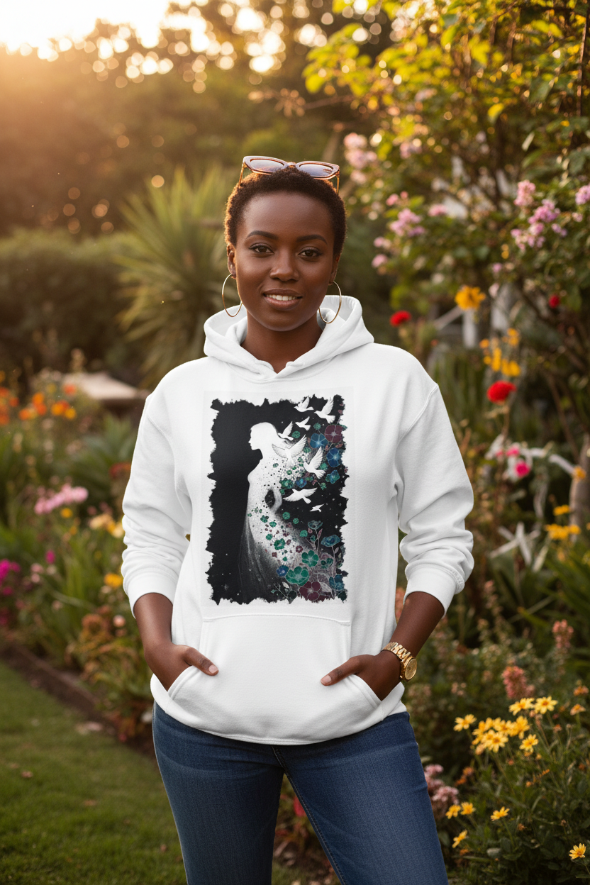 Hoodie Blanc Envol Nocturne - femme africaine cheveux courts pose détendue
