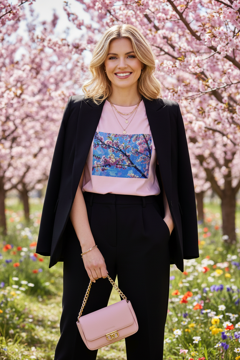 JARDINS IMAGINAIRES – T-Shirt Cerisier en Fête – Rose poudré veste noire fond verger