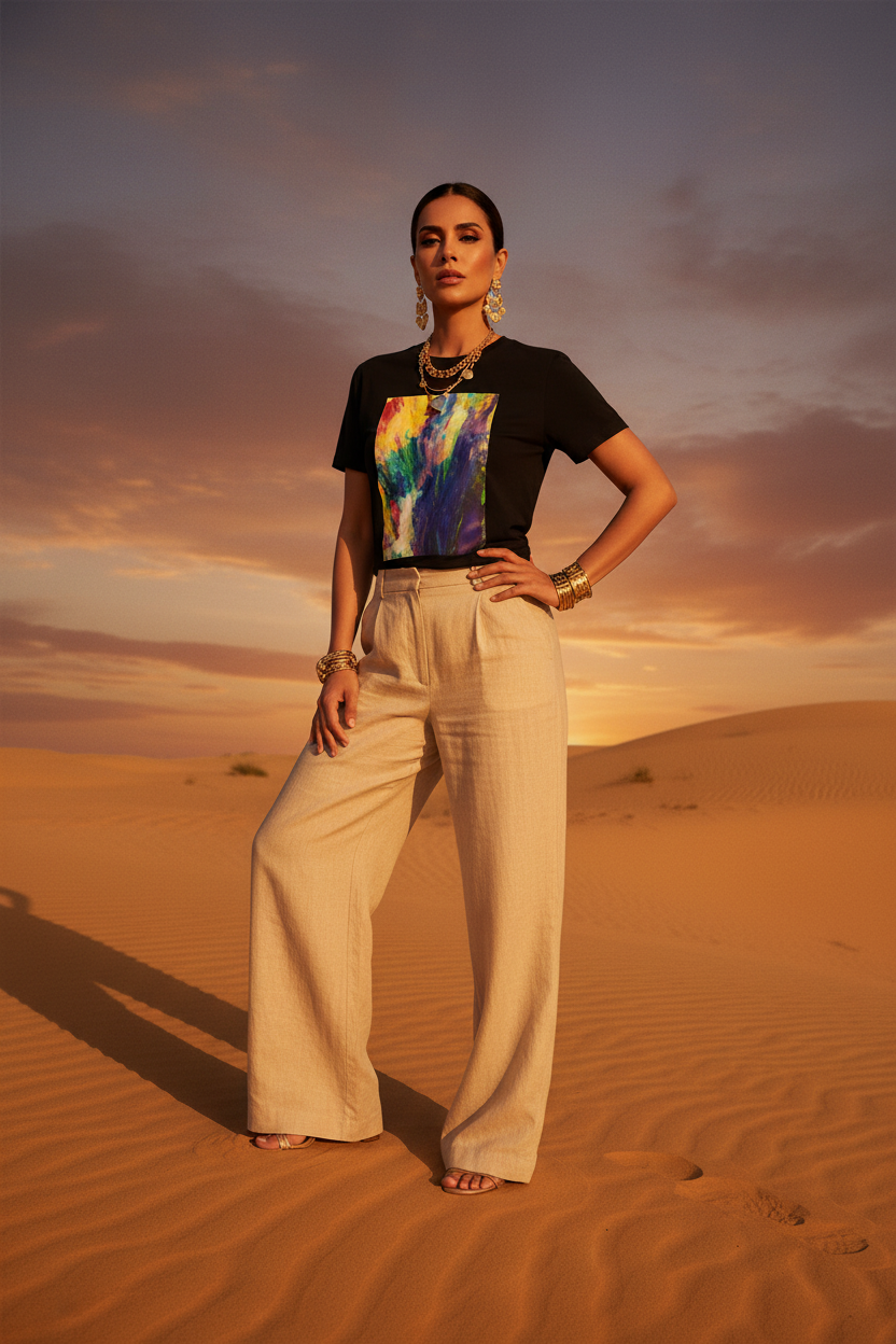 Éclat Sauvage – T-shirt noir – Désert Pose 1