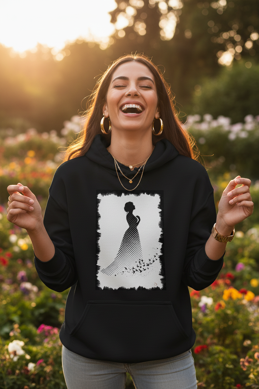 Hoodie Noir Silhouette Céleste - femme orientale jardin lumière dorée