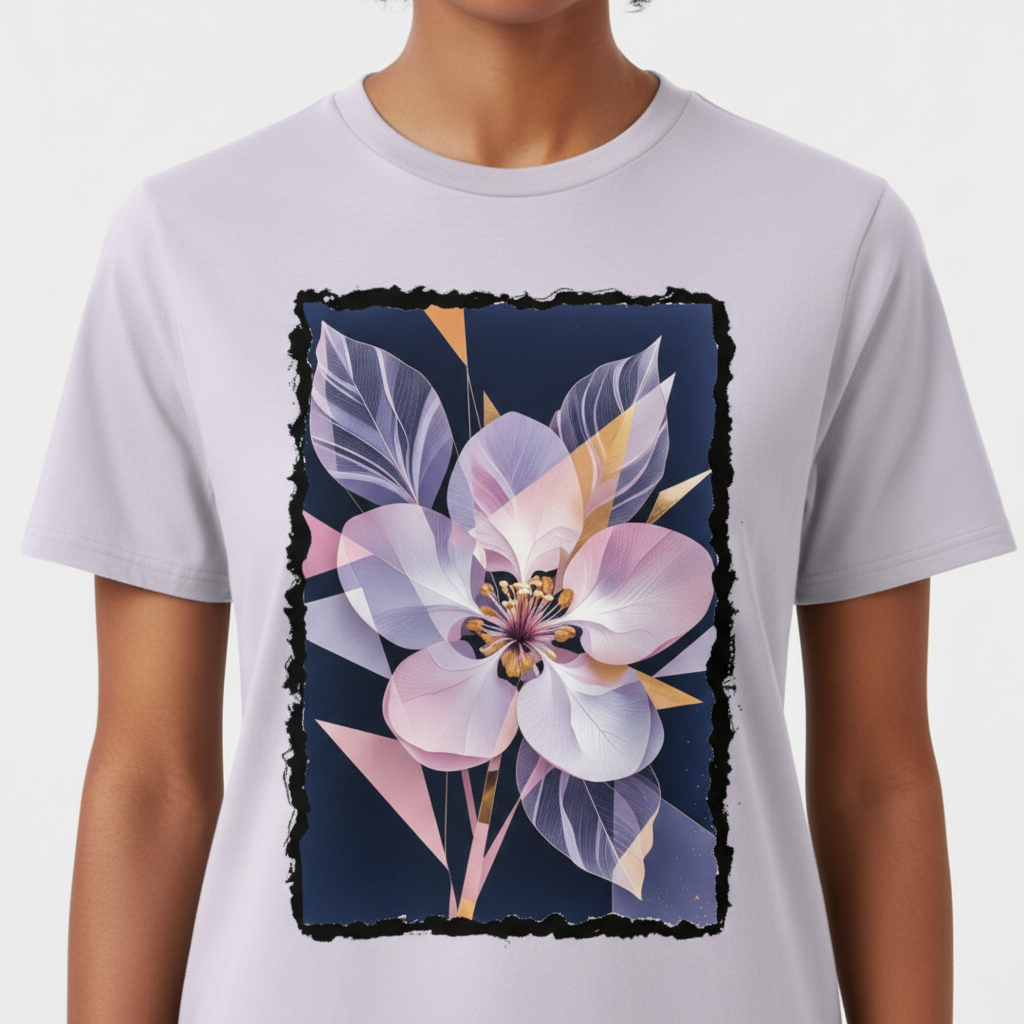 T-Shirt Floraison Nocturne lavande – zoom artistique print fusion tissu