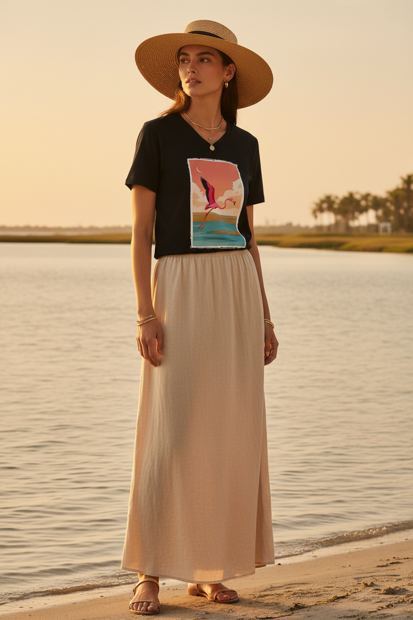 Femme portant le t-shirt Flamingo Coast, ambiance golden hour bord de mer