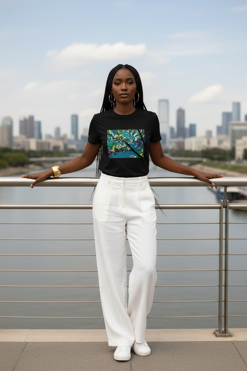 Cerisiers en Lumière – T-shirt noir, pont moderne, pantalon blanc