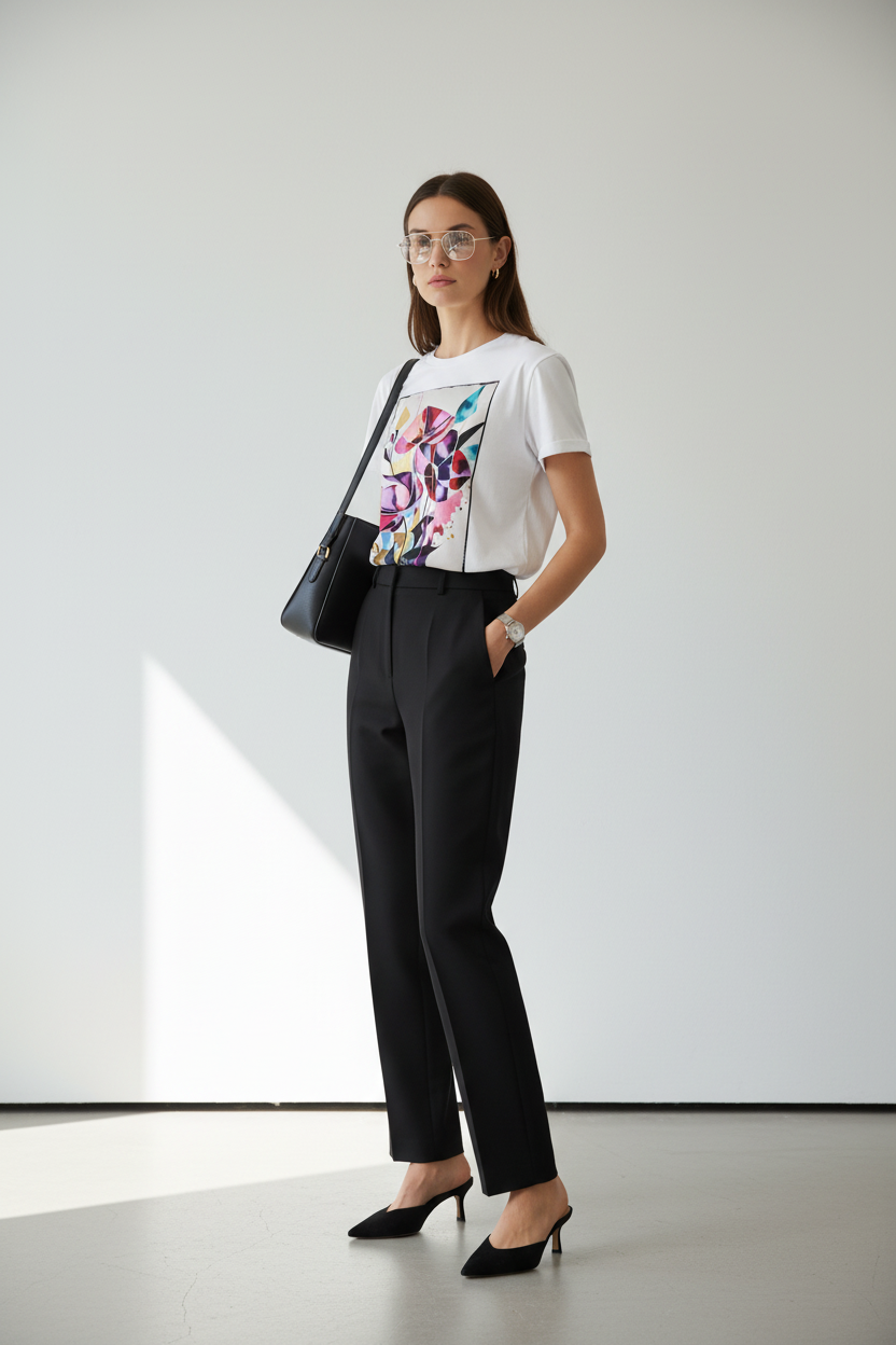 Bloom Abstrait T-Shirt Blanc lifestyle pantalon noir kitten heels sac cabas galerie
