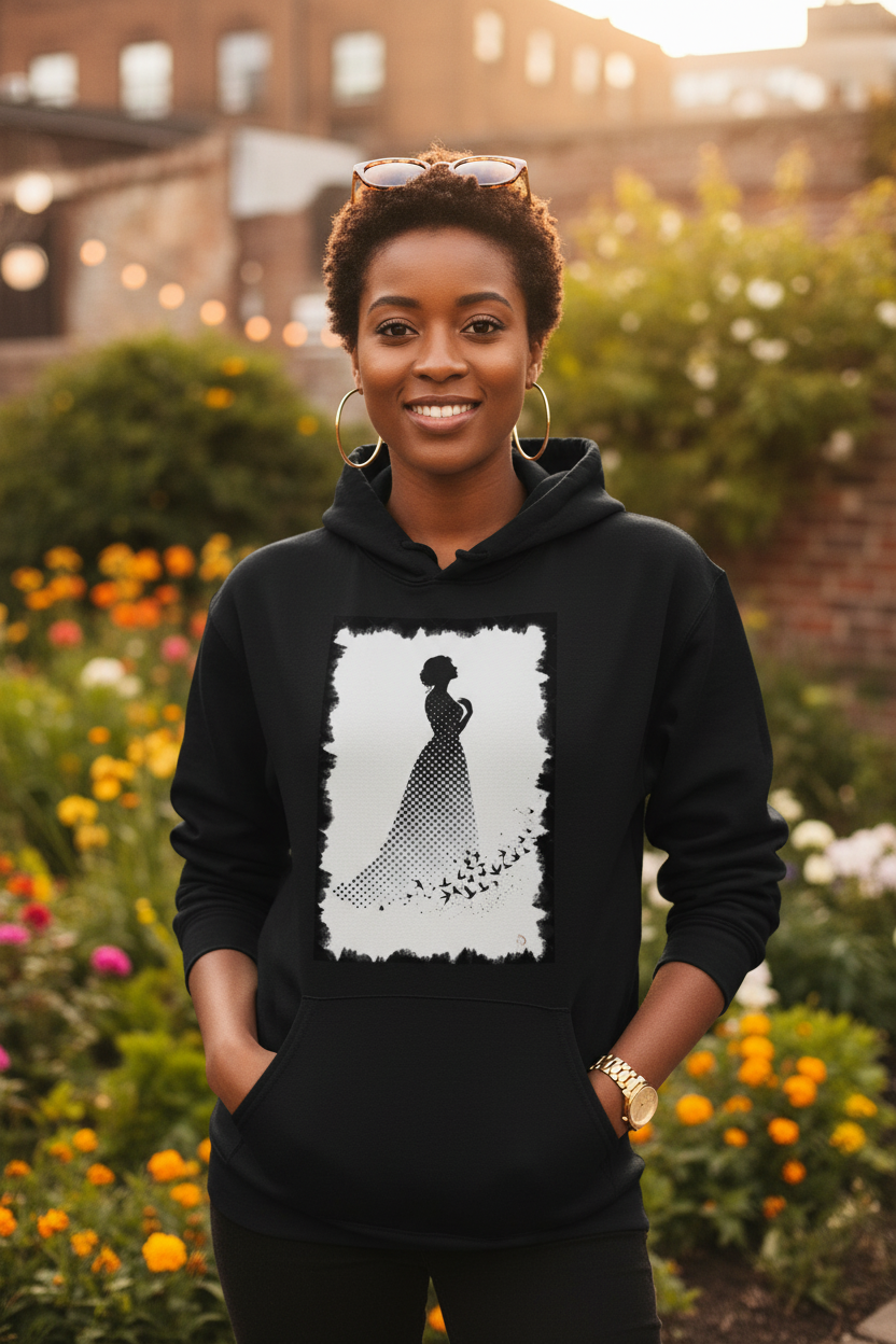 Hoodie Noir Silhouette Céleste - femme africaine cheveux courts lunettes