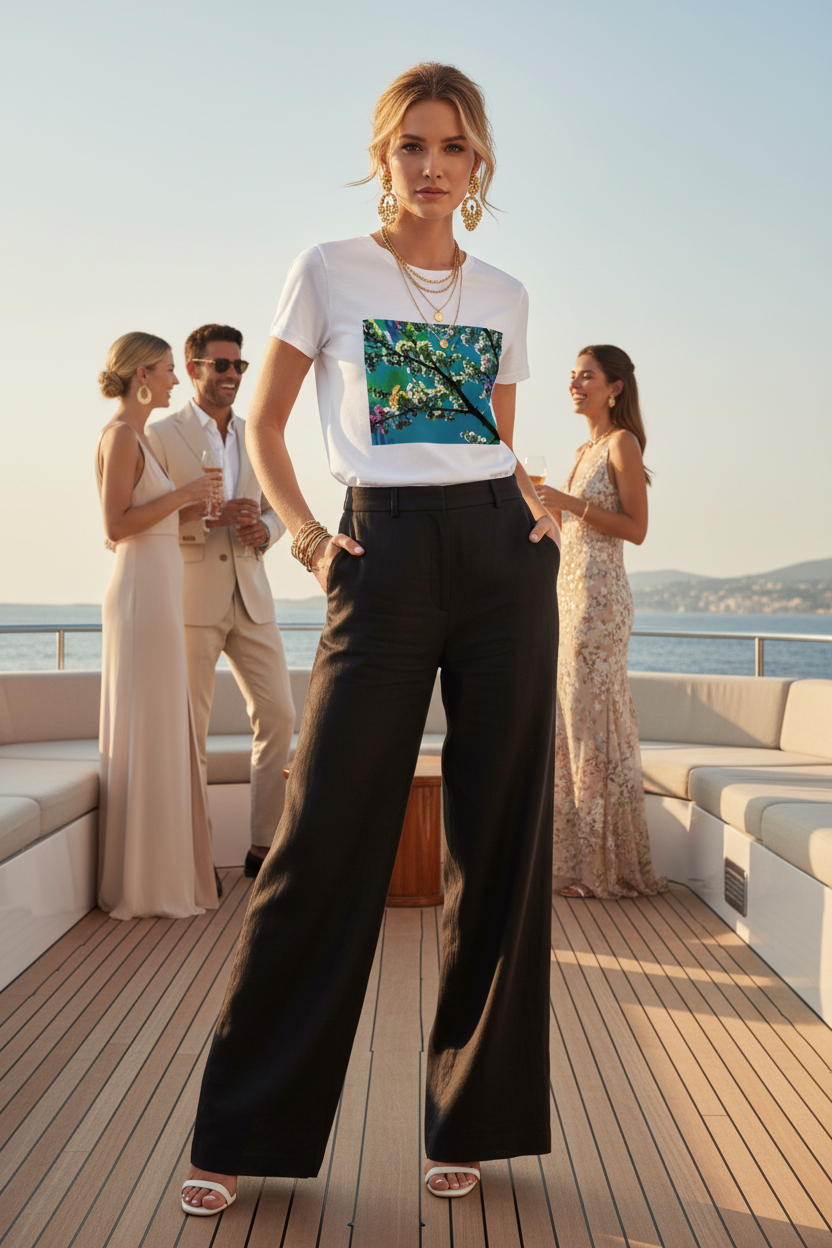 Cerisiers en Lumière – T-shirt blanc, yacht, pantalon noir lin