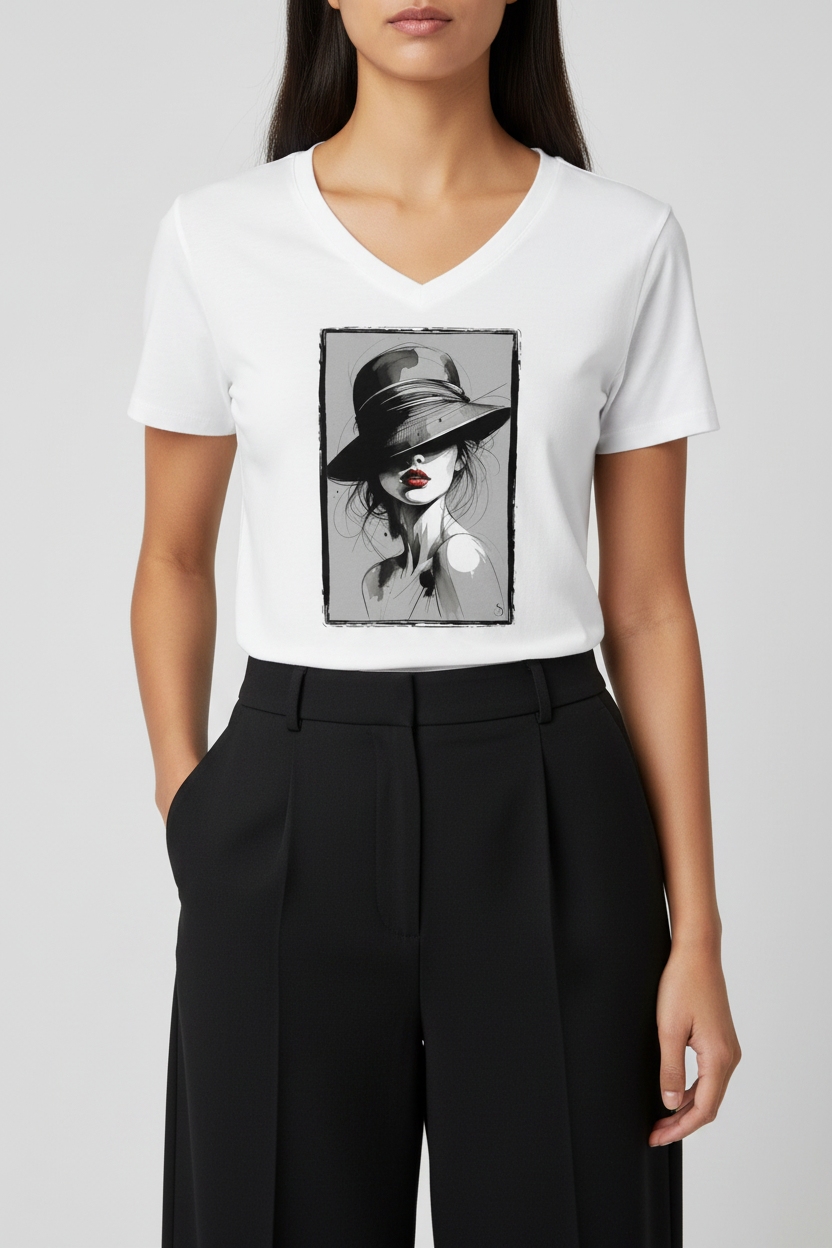 Regard sous l'Ombre – T-shirt col V blanc rentré, cadrage buste, design encre exclusif Shopsofi76