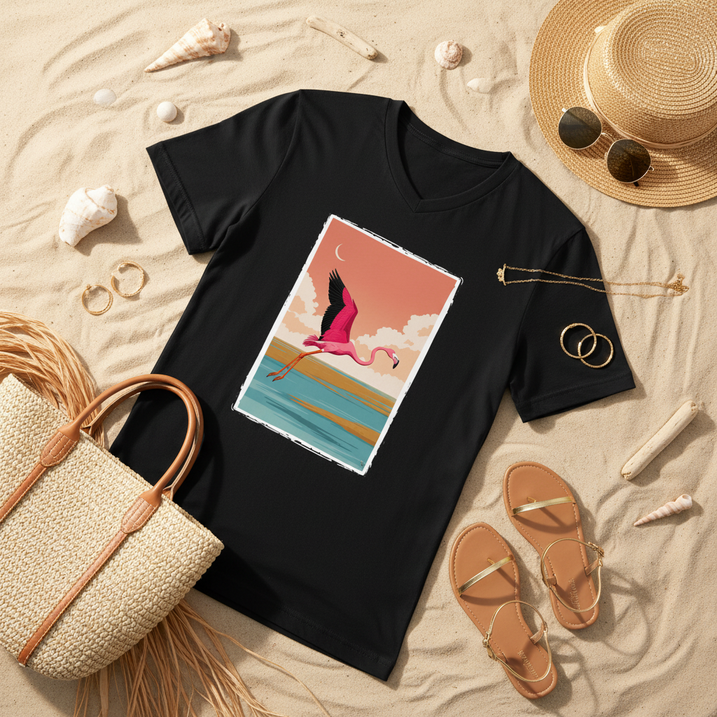 Flat lay stylisé t-shirt Flamingo Coast avec accessoires été