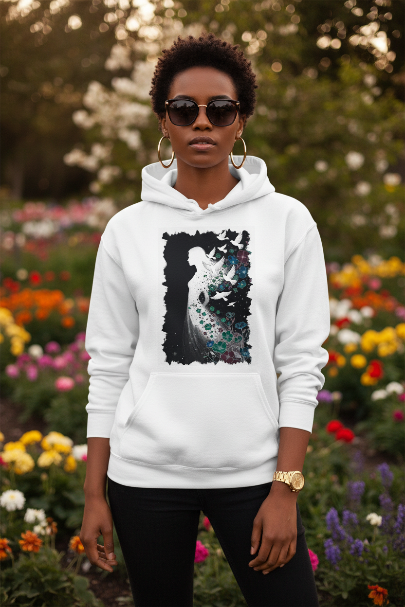 Hoodie Blanc Envol Nocturne - pose confiante design visible
