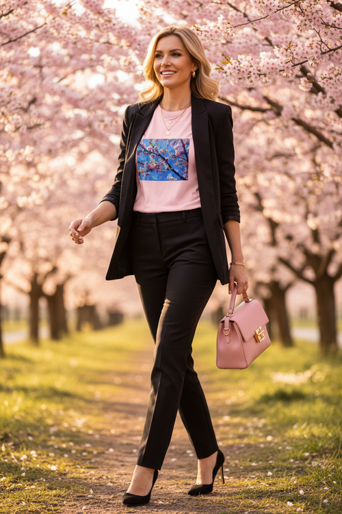 JARDINS IMAGINAIRES – T-Shirt Cerisier en Fête – Rose poudré veste noire marchante