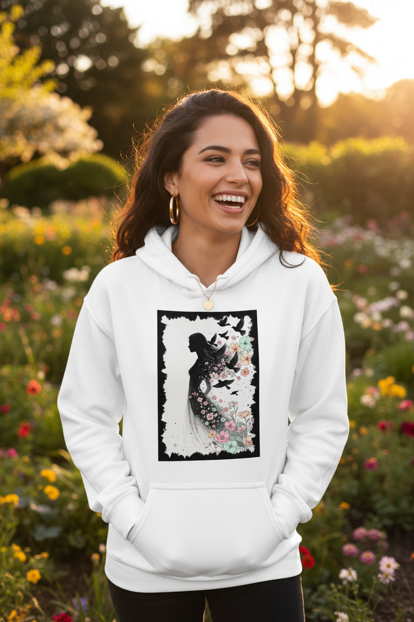 Hoodie Blanc Envol Fleuri - sans cordons jardin fleuri
