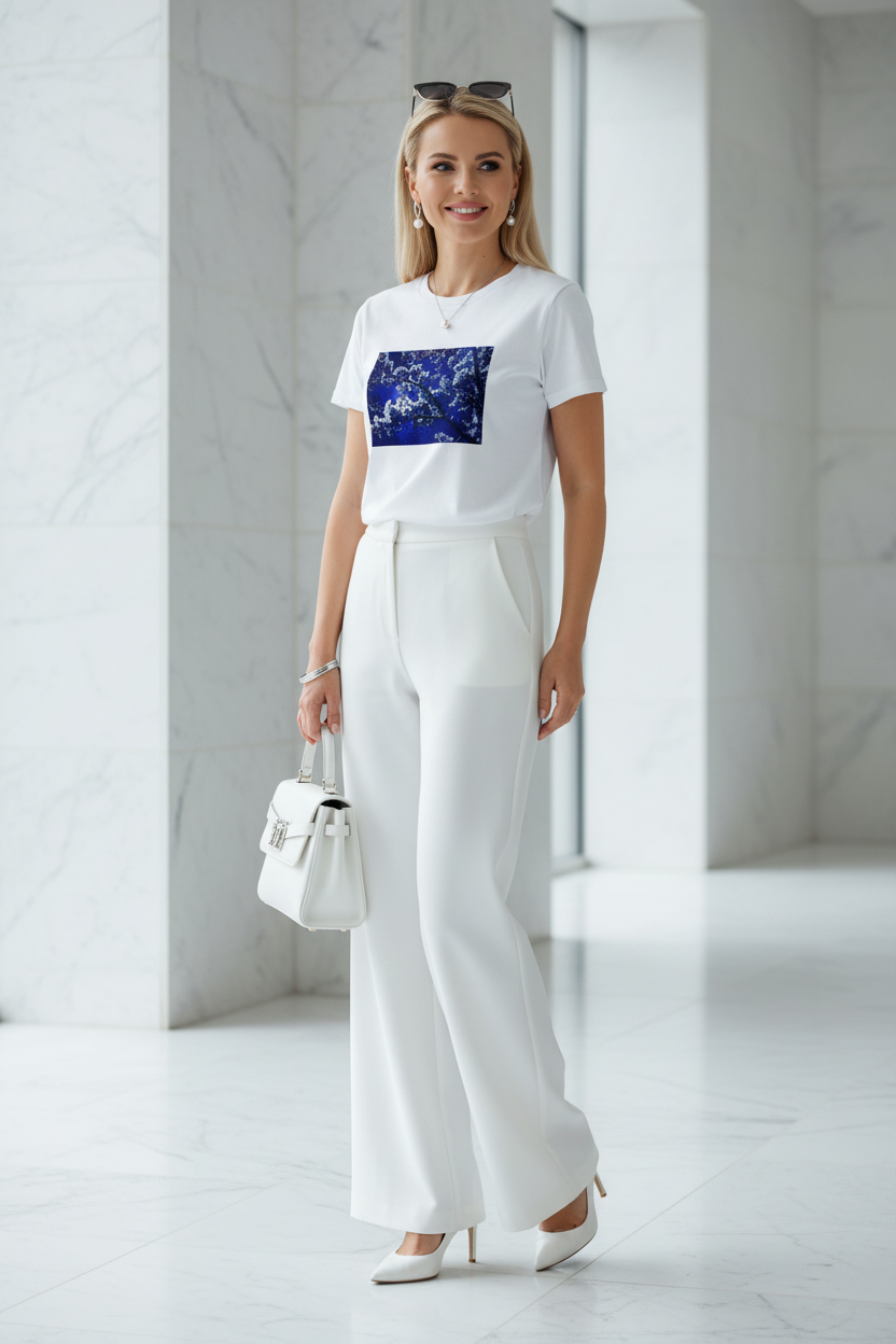 Cerisiers Nocturnes – Blanc, pantalon blanc, fond marbre