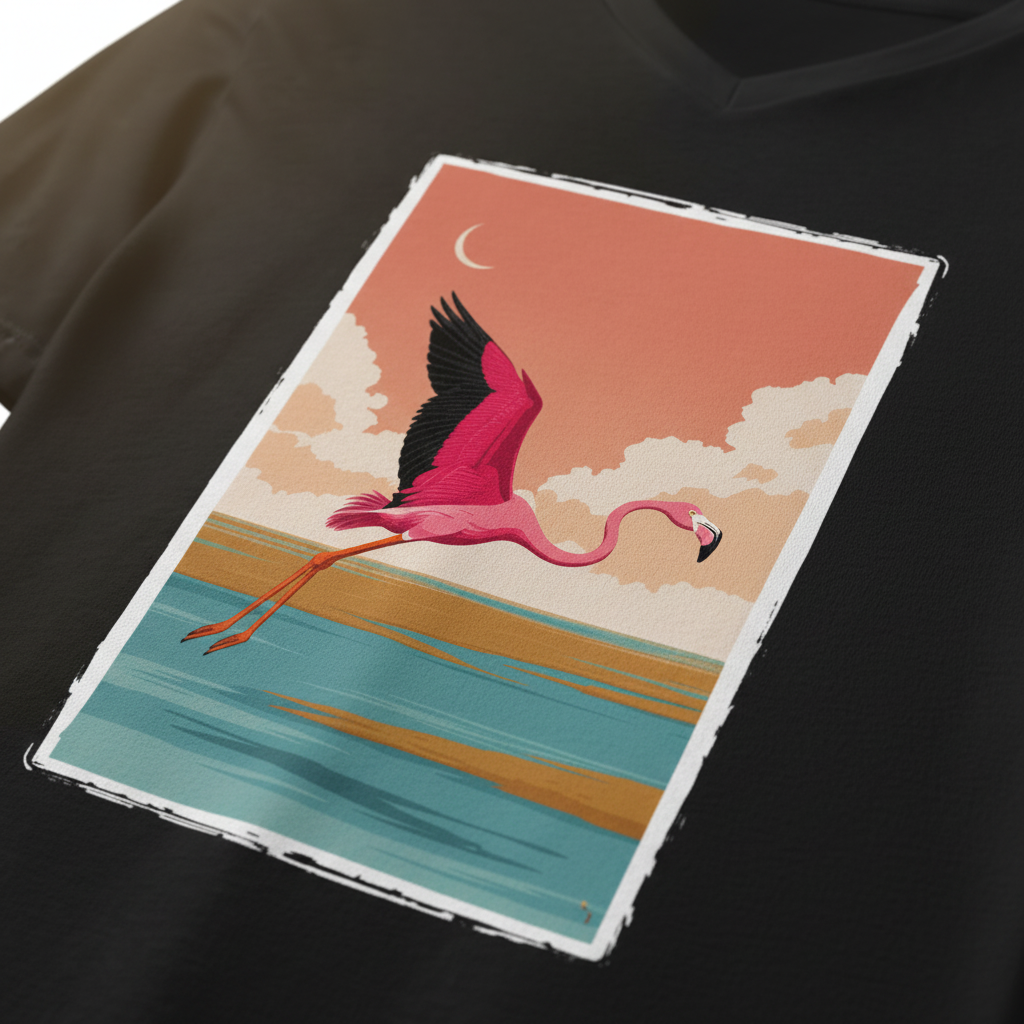 Zoom sur le design flamant rose, détails plumes et lune croissante