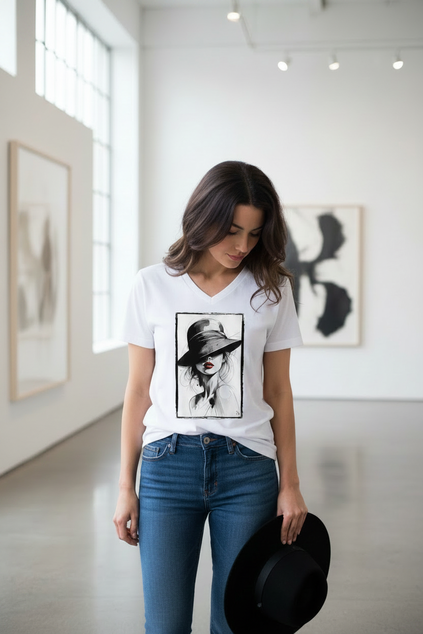 Regard sous l'Ombre – T-shirt col V blanc, design encre exclusif Shopsofi76