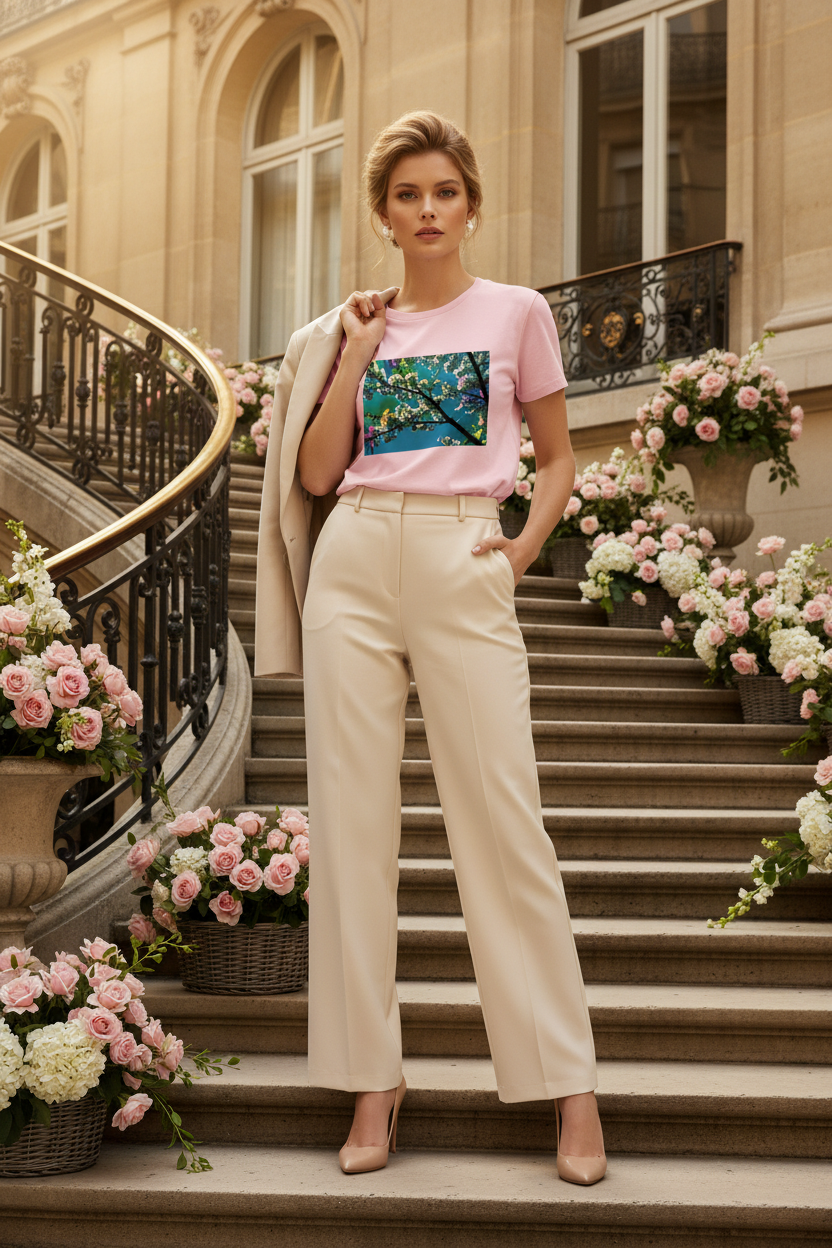 Cerisiers en Lumière – T-shirt Cotton Pink, femme européenne, escalier fleuri