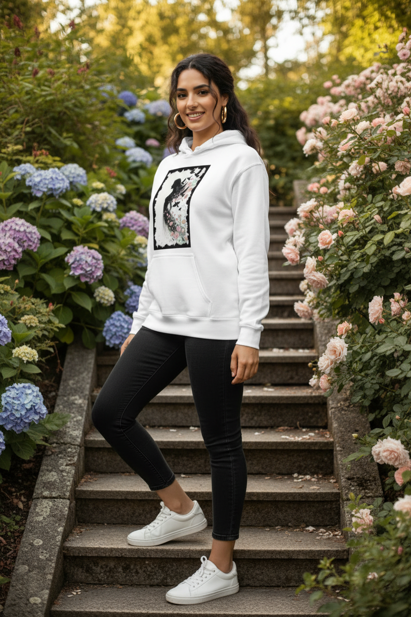 Hoodie Blanc Envol Fleuri - pose dynamique regard caméra