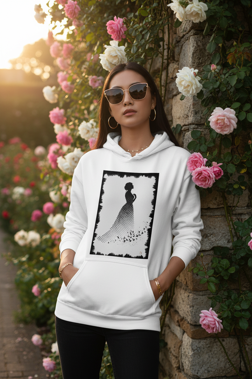 Hoodie Blanc Silhouette Céleste - femme asiatique jardin fleuri mains dans les poches