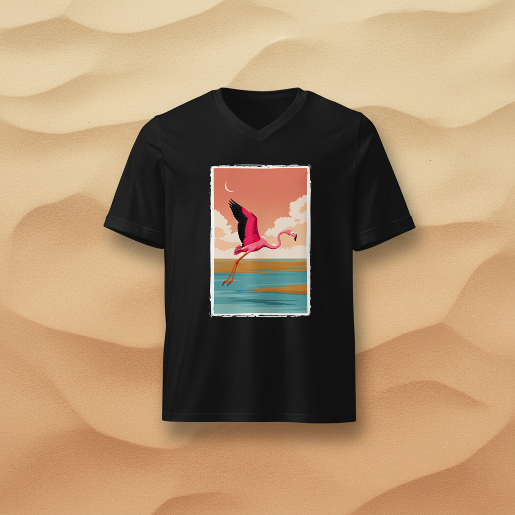 Flat lay t-shirt noir Flamingo Coast sur fond sable terracotta