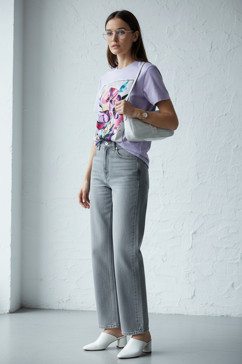 Bloom Abstrait T-Shirt Lavande lifestyle jean gris lunettes monture fine