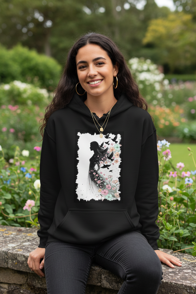 Hoodie Noir Envol Fleuri - assise mur jardin fleuri