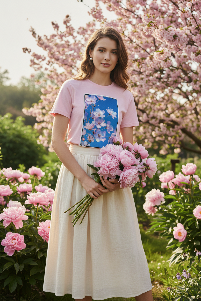 JARDINS DE VERRE – T-Shirt Nacre Florale – Rose – Visual 1