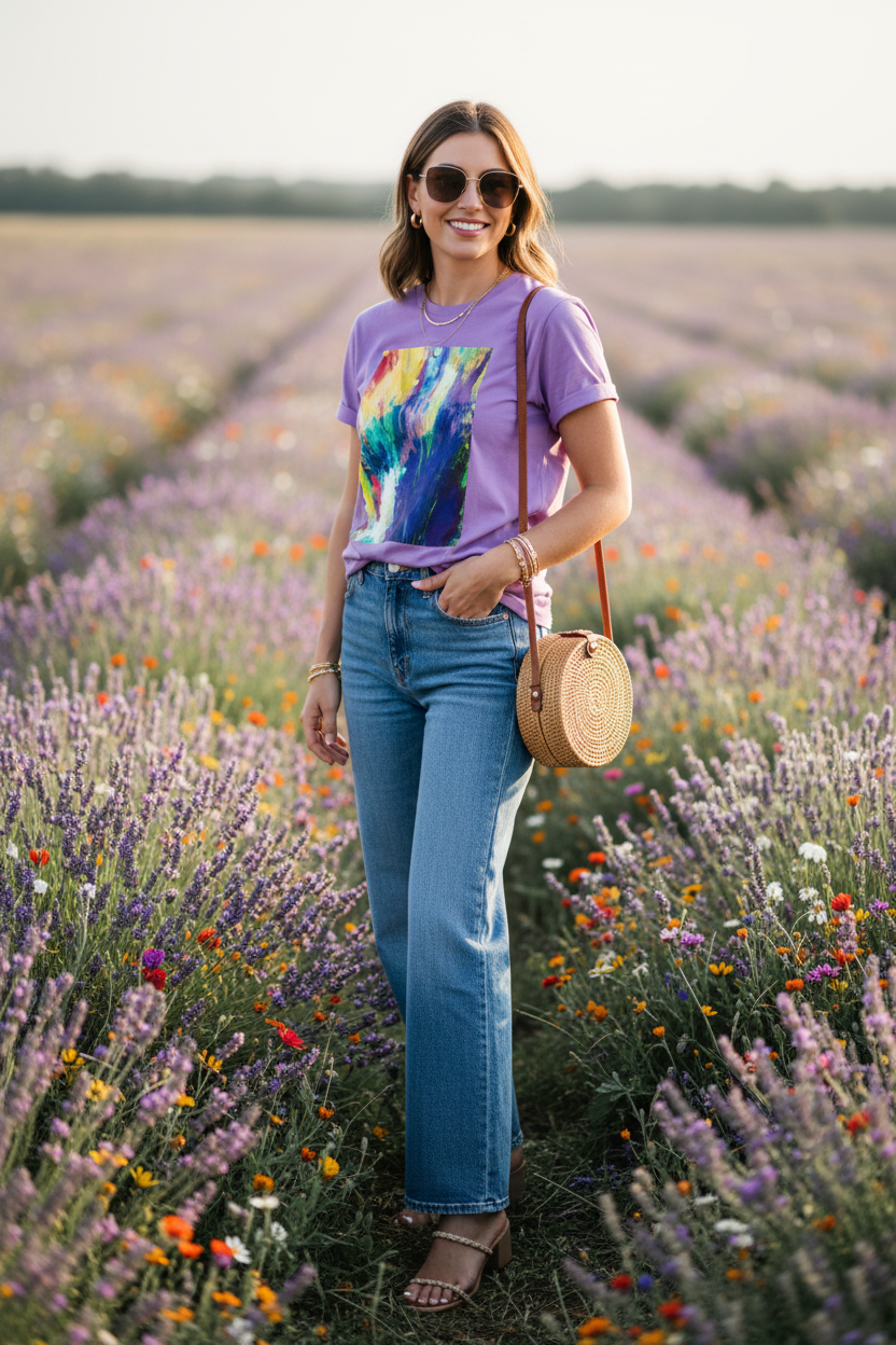 Éclat Sauvage – T-shirt Lavender – Champ de fleurs Pose 1