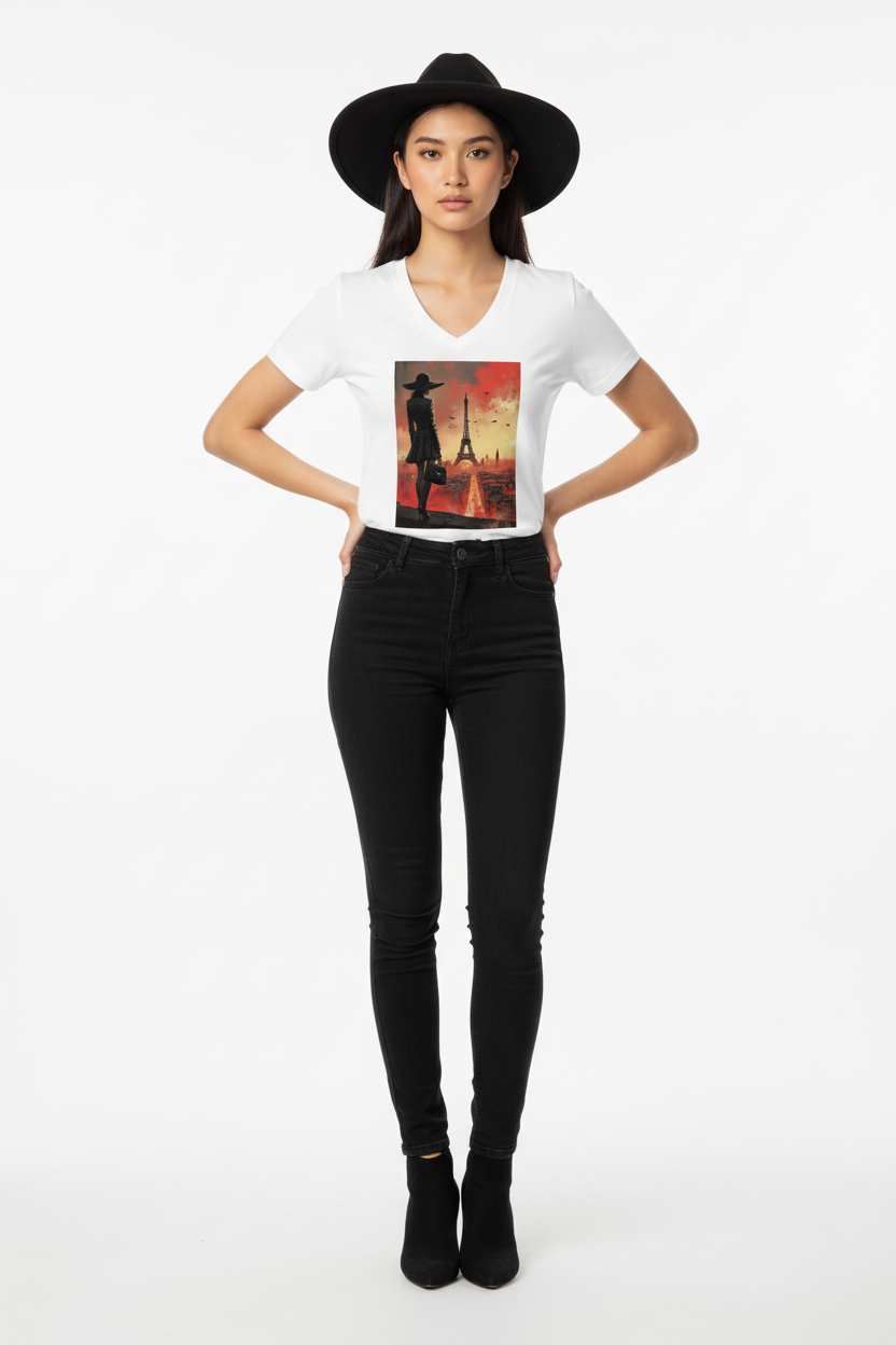 Mannequin femme pose frontale mains sur les hanches - t-shirt blanc col V Paris