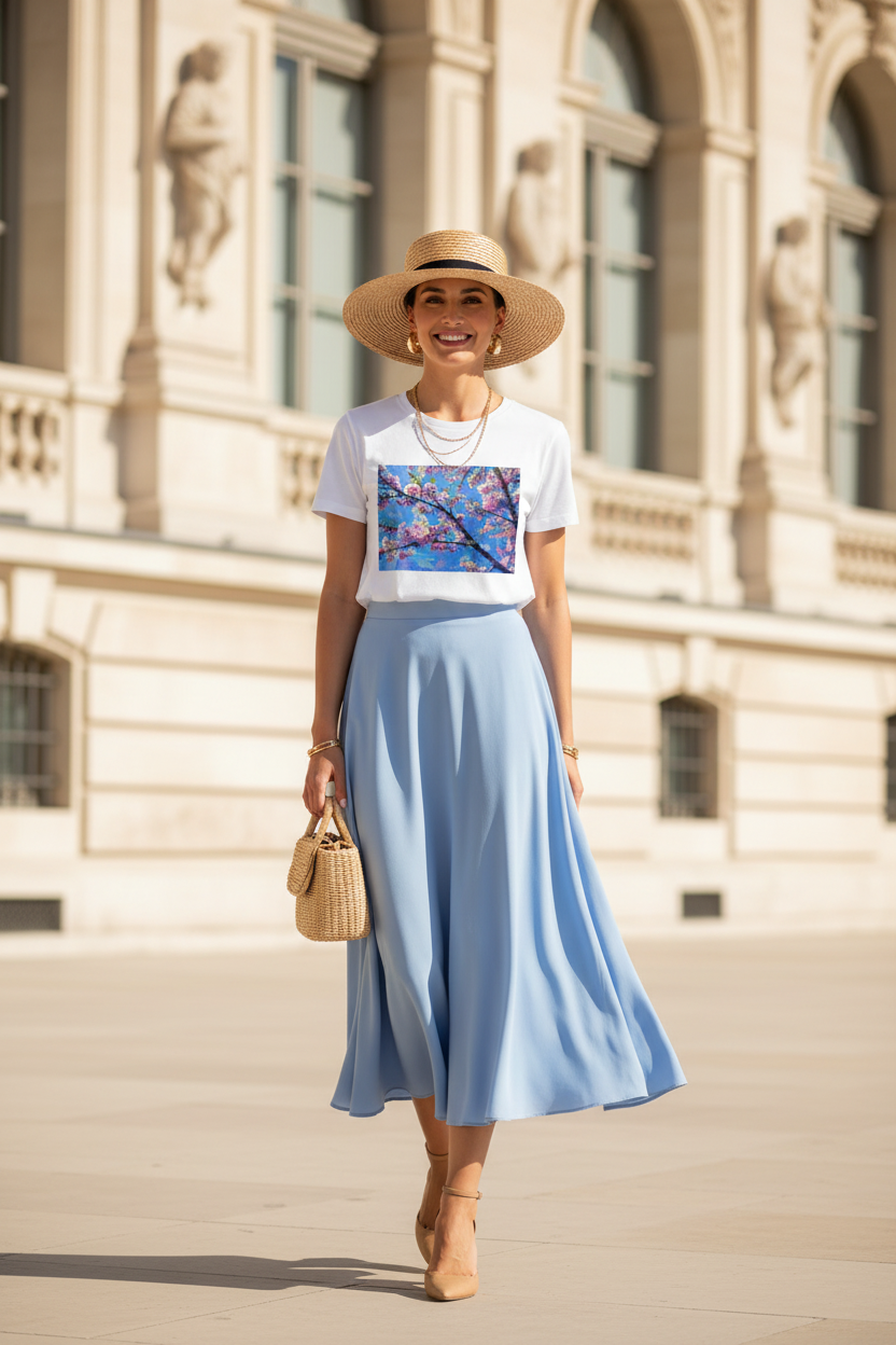 JARDINS IMAGINAIRES – T-Shirt Cerisier en Fête – Blanc jupe bleu ciel chapeau paille