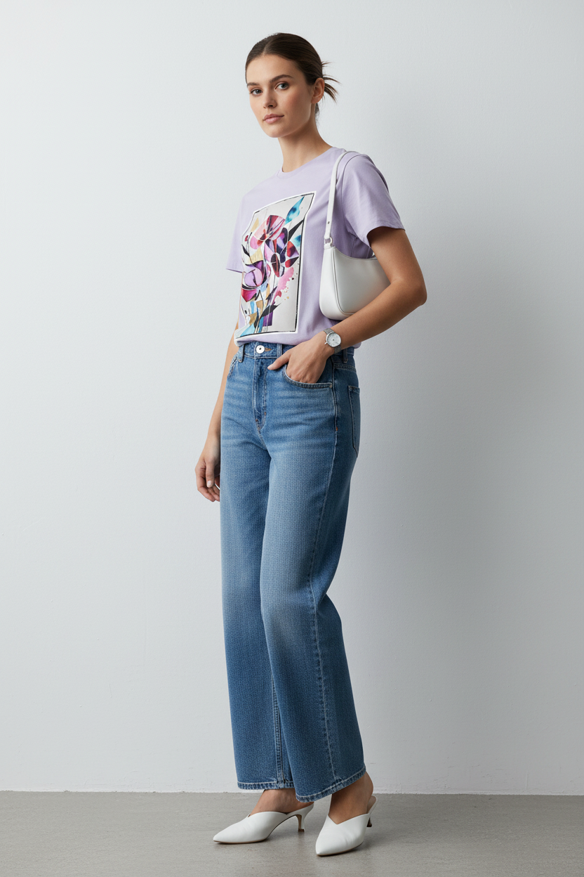Bloom Abstrait T-Shirt Lavande lifestyle jean bleu délavé mules blanches