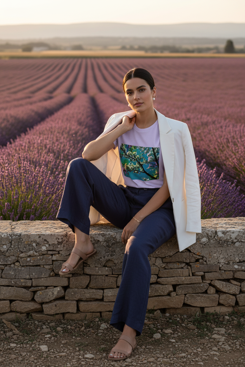 Cerisiers en Lumière – T-shirt lavande, muret provençal, heure dorée