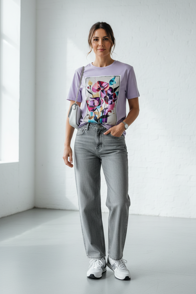 Bloom Abstrait T-Shirt Lavande lifestyle jean gris wide leg sneakers blanches